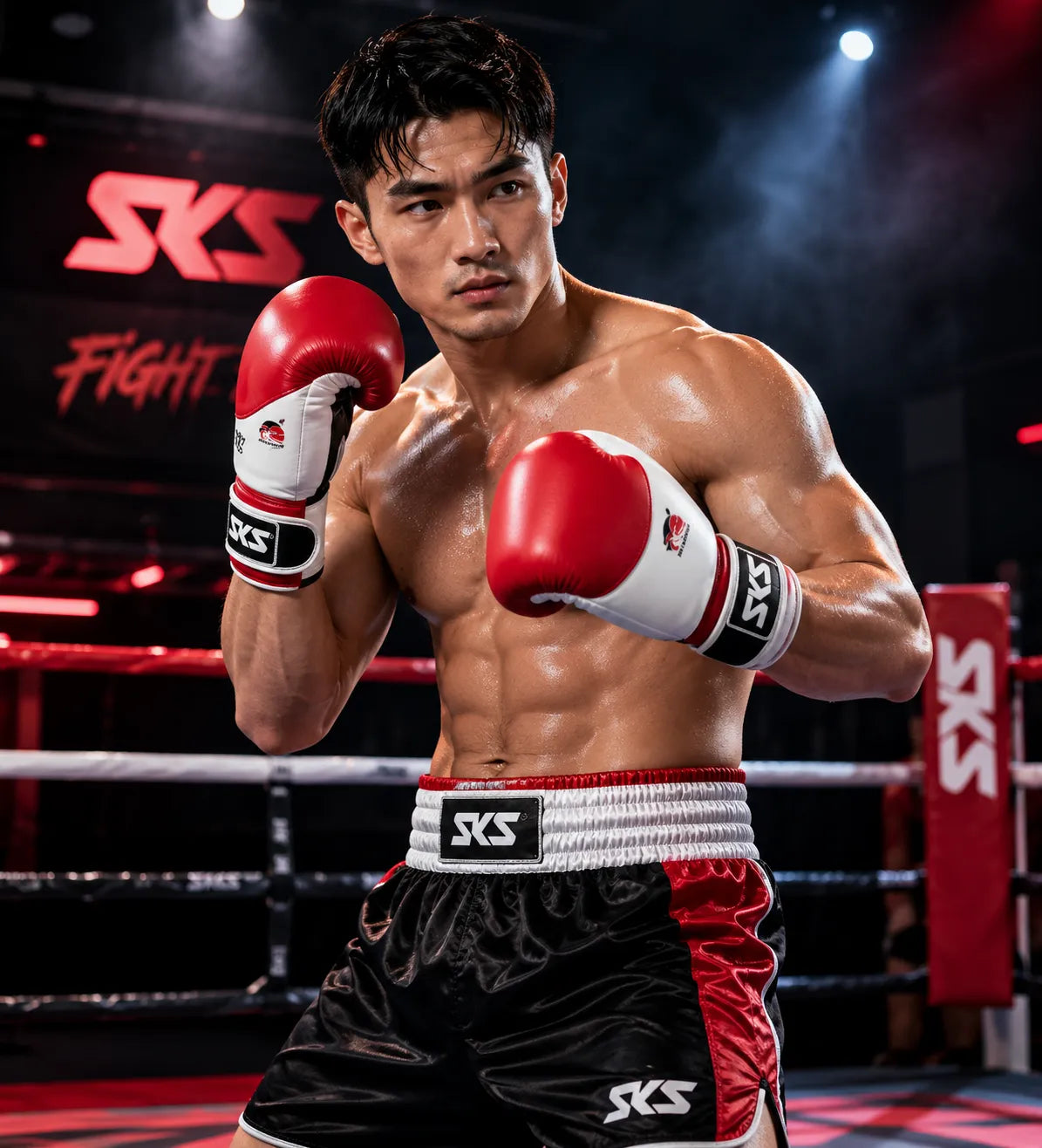 Boxer in red and black boxing gloves and shorts standing in a boxing ring with 'SKS' branding.