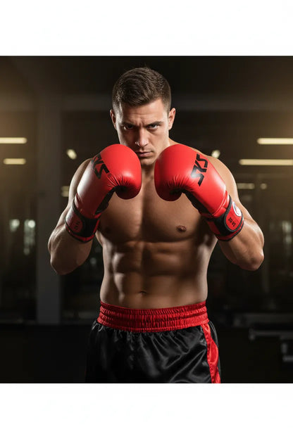 Red boxing gloves worn by boxer