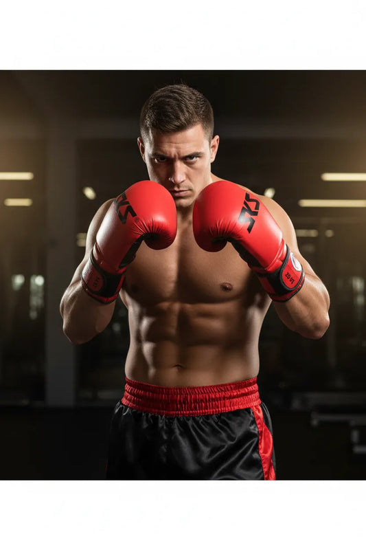 Red boxing gloves worn by boxer