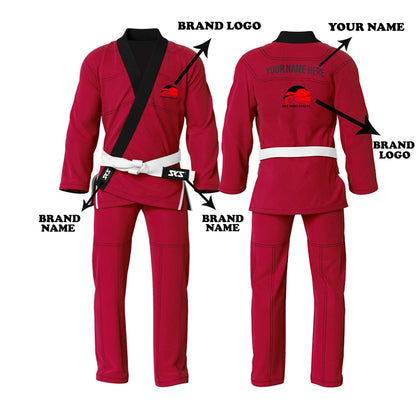 A red Brazilian Jiu Jitsu gi with black collar, featuring custom embroidery patches, belt loops, and a drawstring. The gi includes a jacket and pants, with brand logos and a name placeholder on the front and back.