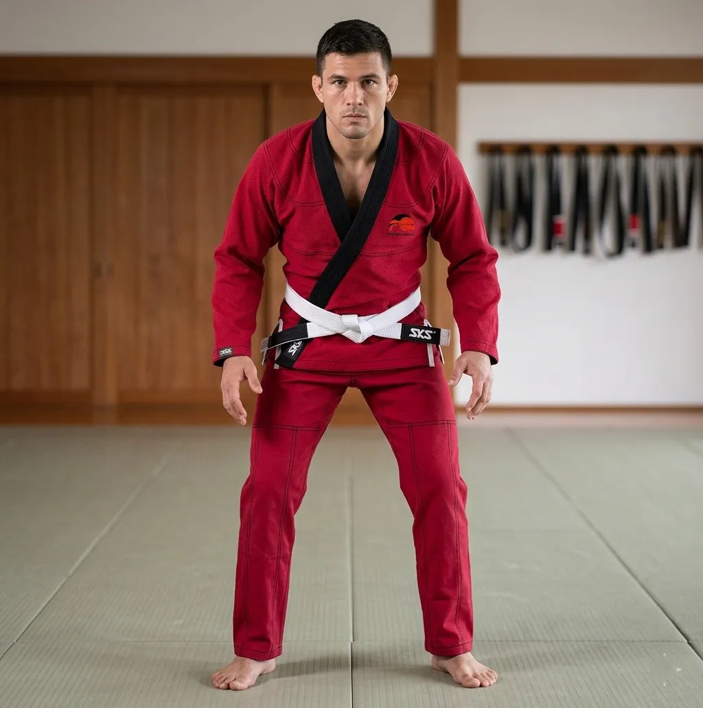 Man in red martial arts uniform with white belt standing in a dojo.