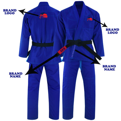 A royal blue Brazilian jiu-jitsu gi with custom embroidery patches, displayed front and back, showing the brand logo and name.