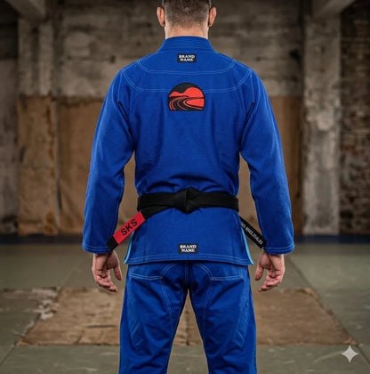 Person wearing a blue martial arts uniform with visible branding in an indoor setting.