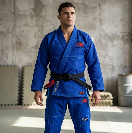 Man wearing a blue martial arts uniform with visible branding in an indoor setting.