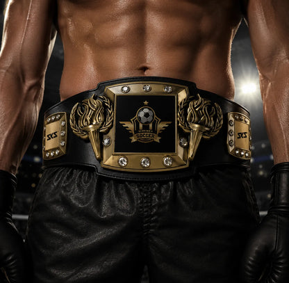 Man wearing a championship belt with a soccer theme, possibly in a sports arena setting.