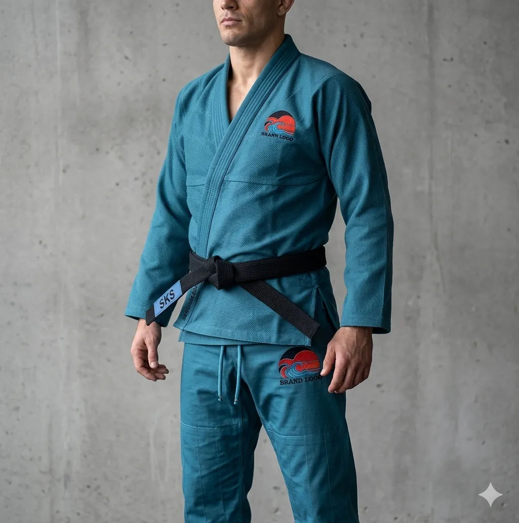 Person wearing a blue martial arts uniform with a logo on a gray background