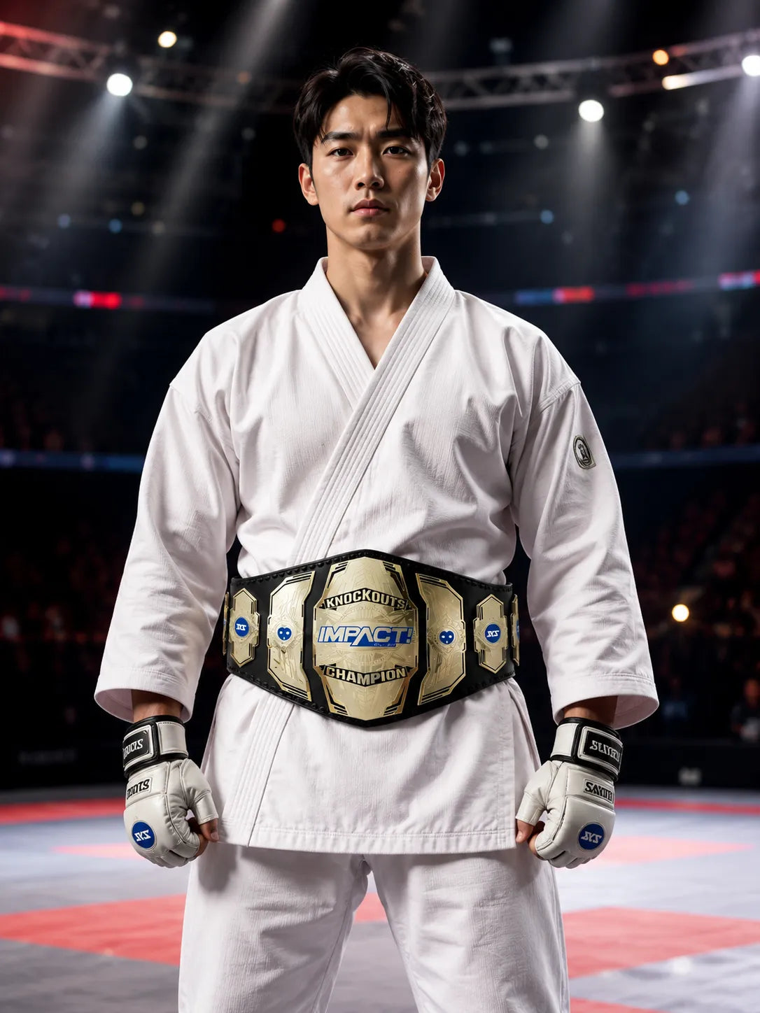 Person in a white martial arts uniform with a championship belt on a sports arena background