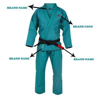 A turquoise Brazilian jiu-jitsu gi with brand logos and embroidery patches, featuring a jacket and pants with reinforced stitching.