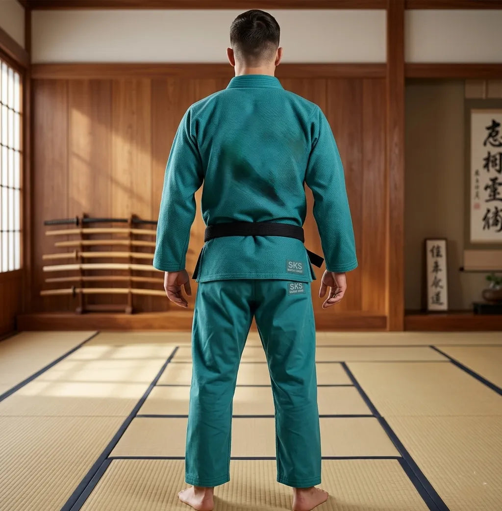 Person wearing a teal martial arts uniform in a dojo setting
