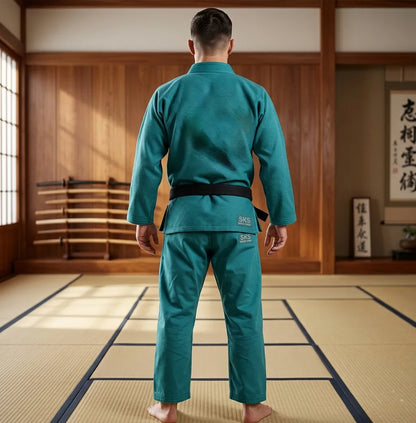 Person wearing a teal martial arts uniform in a dojo setting