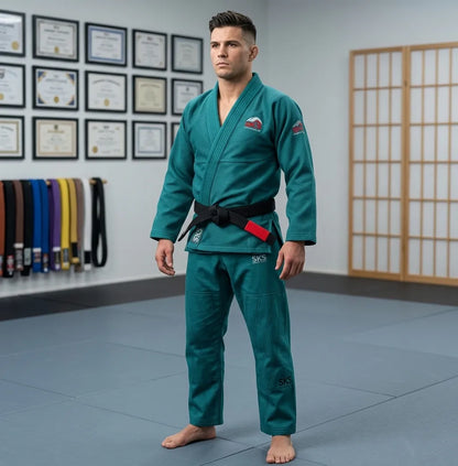 Man in a teal martial arts uniform standing in a dojo with certificates and belts on the wall.