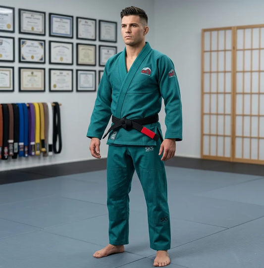 Man in a teal martial arts uniform standing in a dojo with certificates and belts on the wall.