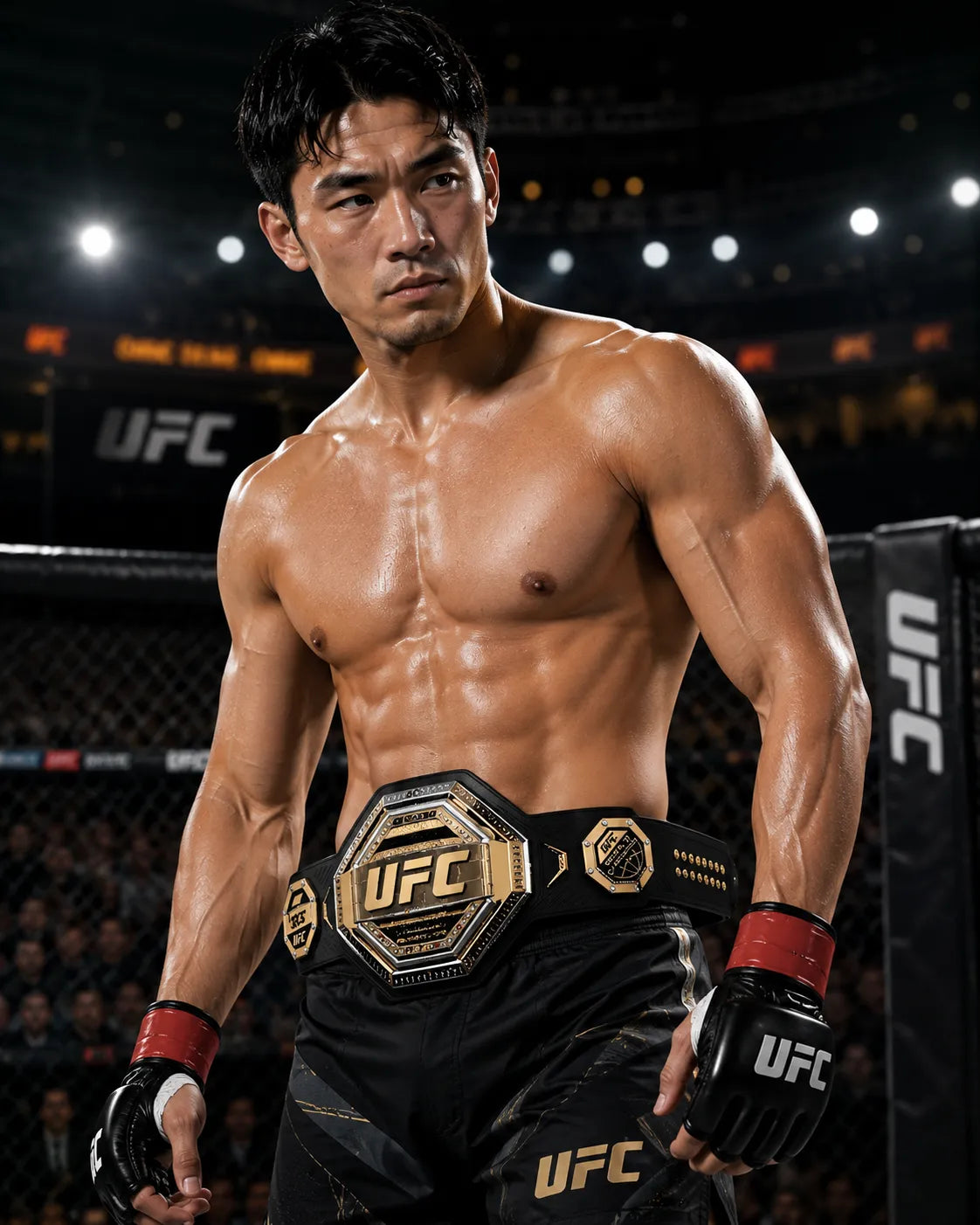 Muscular man wearing a UFC championship belt in a fighting stance on a UFC event background