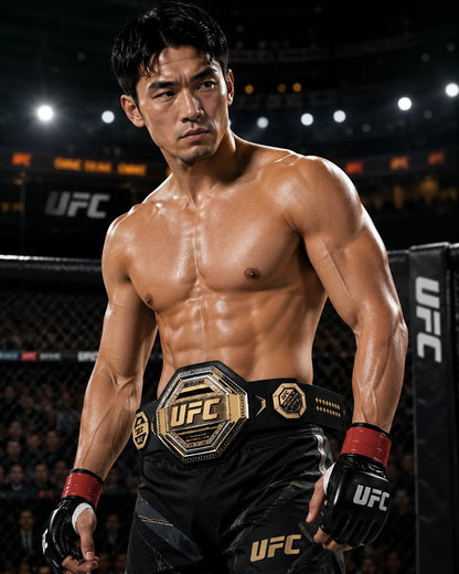 Muscular man wearing a UFC championship belt in a fighting stance on a UFC event background
