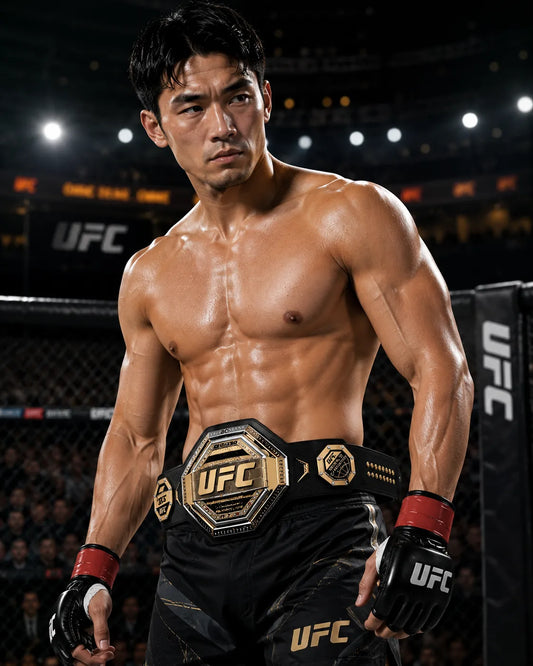 Muscular man wearing a UFC championship belt in a fighting stance on a UFC event background