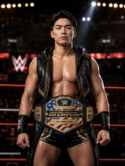 Wrestler with championship belt in a wrestling ring, WWE logo visible