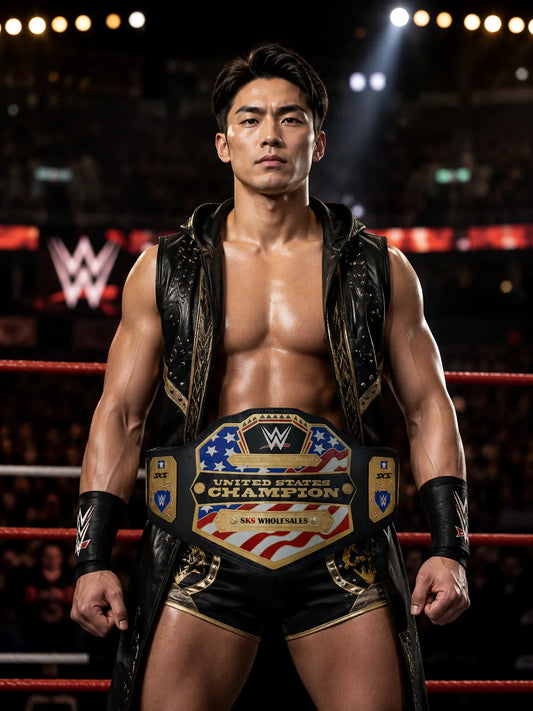 Wrestler with championship belt in a wrestling ring, WWE logo visible