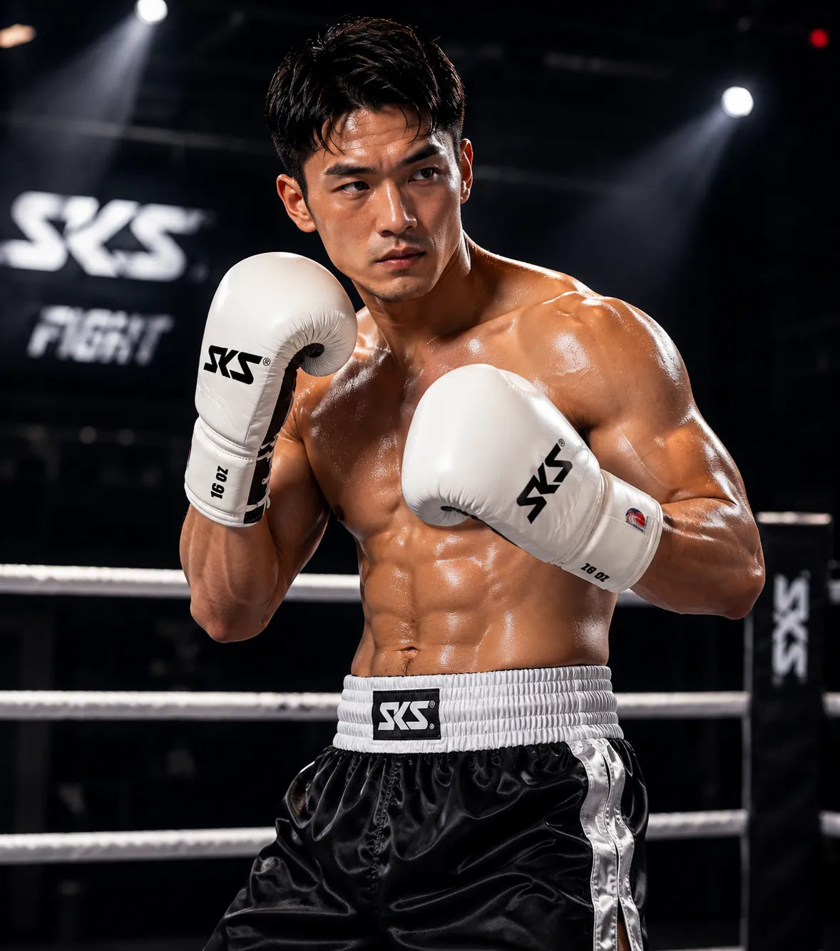 Boxer in a boxing ring wearing SKS branded gloves and shorts.