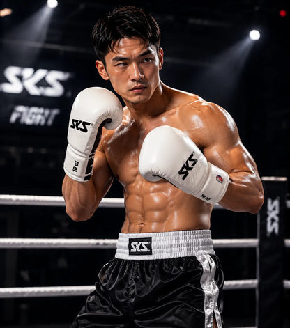 Boxer in a boxing ring wearing SKS branded gloves and shorts.