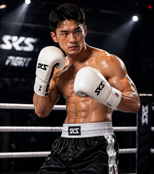 Boxer in a boxing ring wearing SKS branded gloves and shorts.