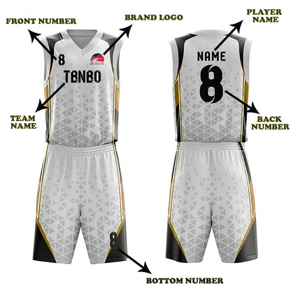 Custom white, black and gold basketball uniform set