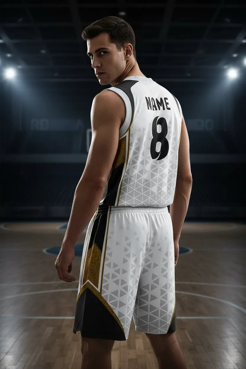 Custom white, black and gold basketball uniform, back view