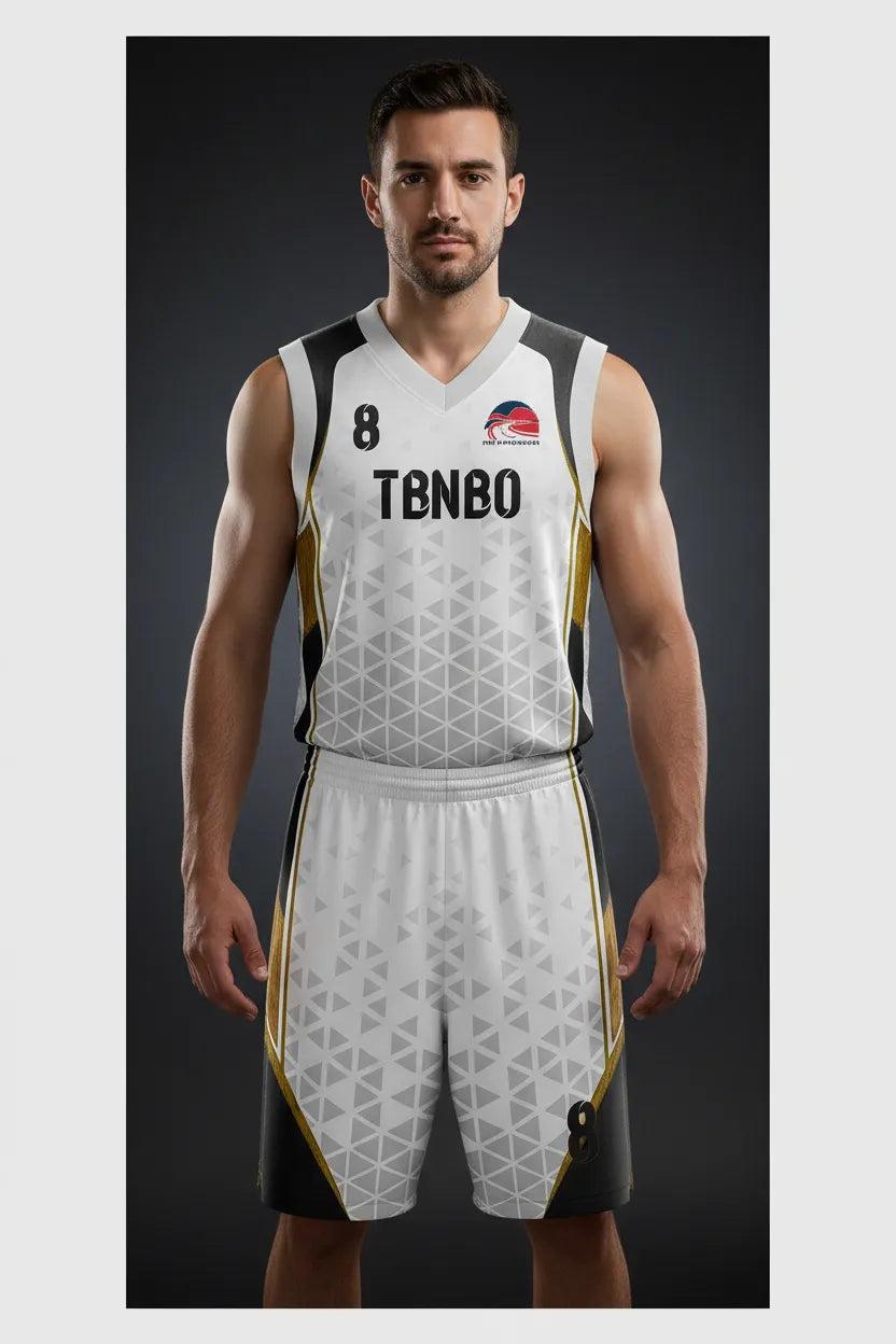 Custom white, black and gold basketball uniform, front view