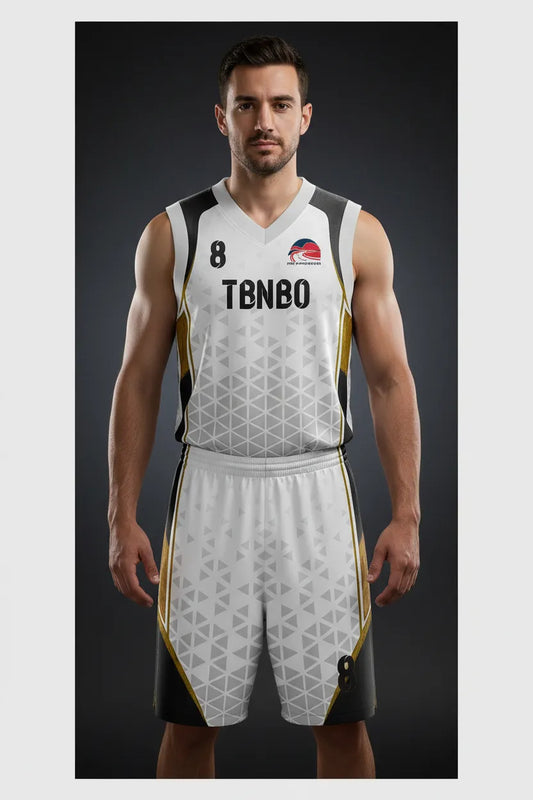 Custom white, black and gold basketball uniform, front view
