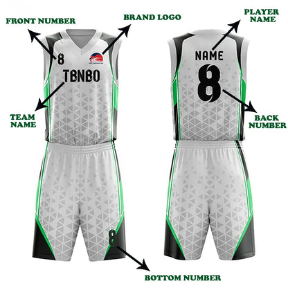 Custom white, black and green basketball uniform set