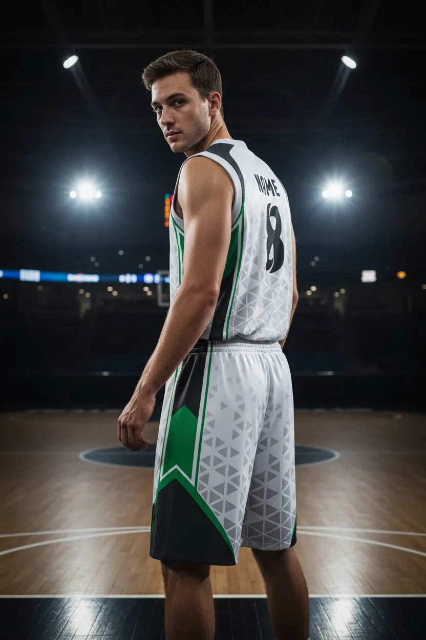 Custom white, black and green basketball uniform, back view