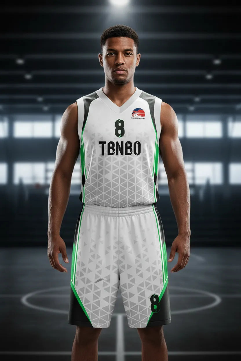 Custom white, black and green basketball uniform, front view