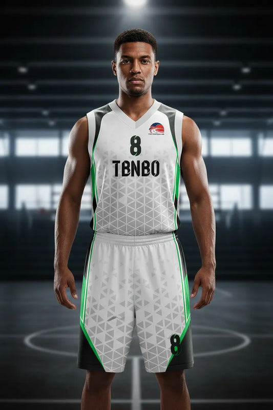 Custom white, black and green basketball uniform, front view