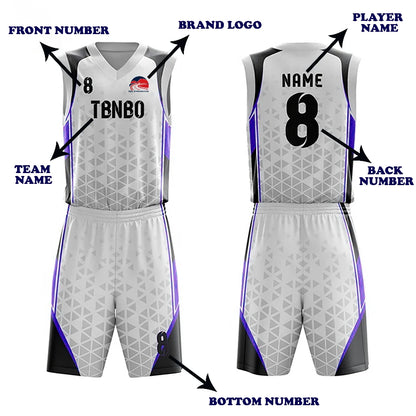 Custom white, black and purple basketball uniform set