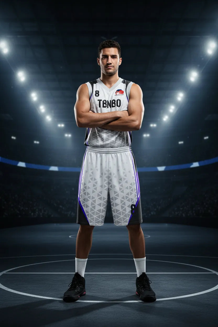 Custom white, black and purple basketball uniform, front view