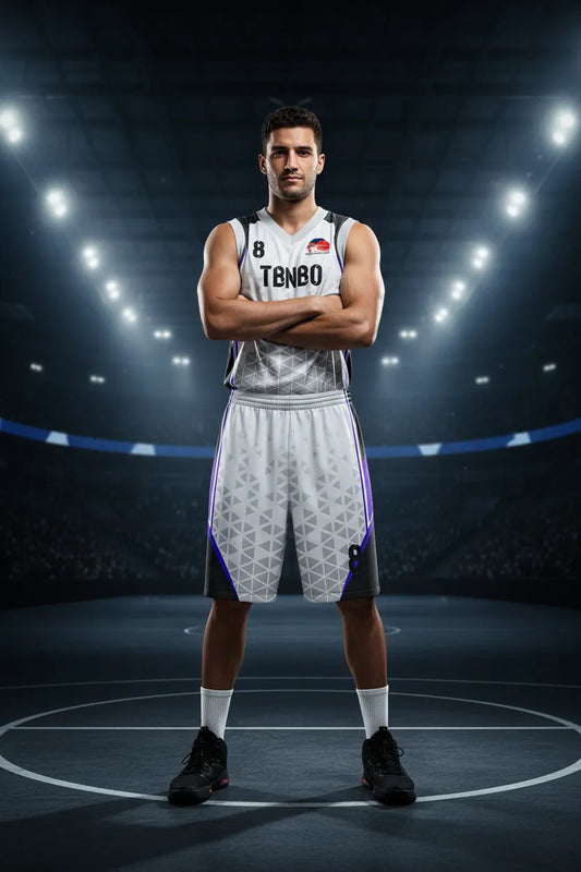 Custom white, black and purple basketball uniform, front view