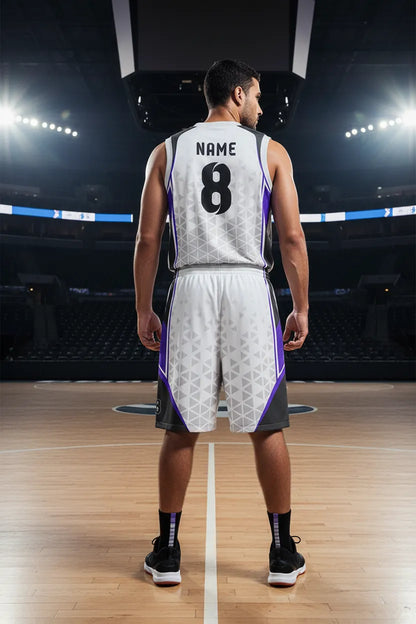 Custom white, black and purple basketball uniform, back view