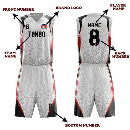 Custom white, black and red basketball uniform set