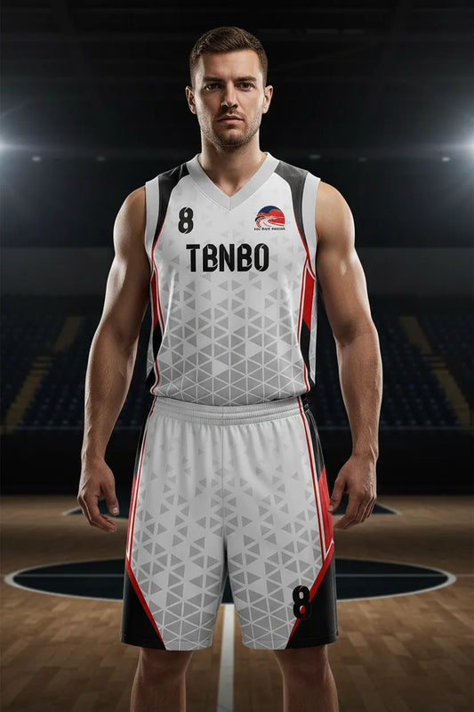 Custom white, black and red basketball uniform, front view