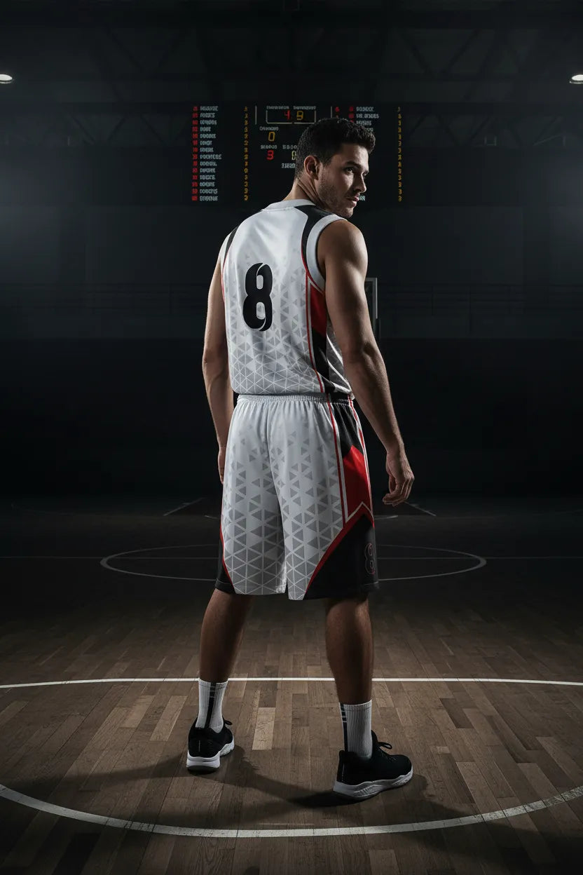 Custom white, black and red basketball uniform, back view