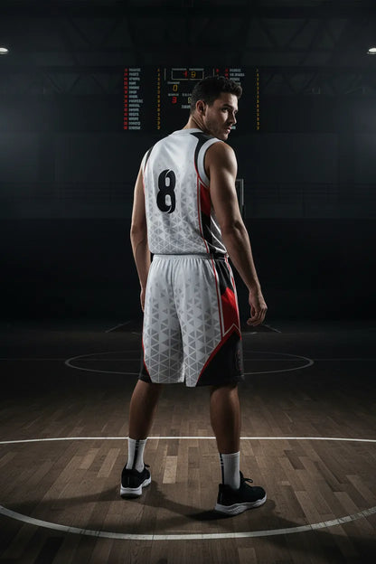 Custom white, black and red basketball uniform, back view