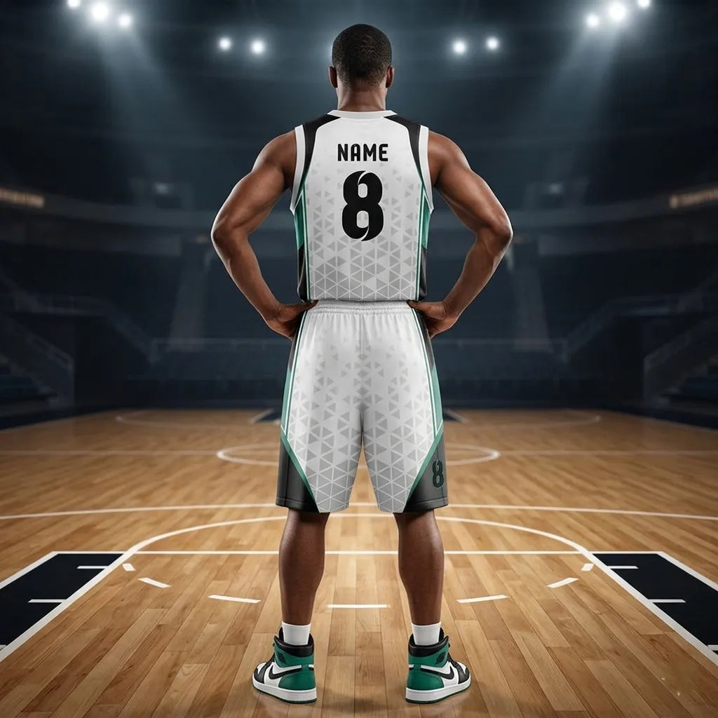 Custom white, black and teal basketball uniform, back view