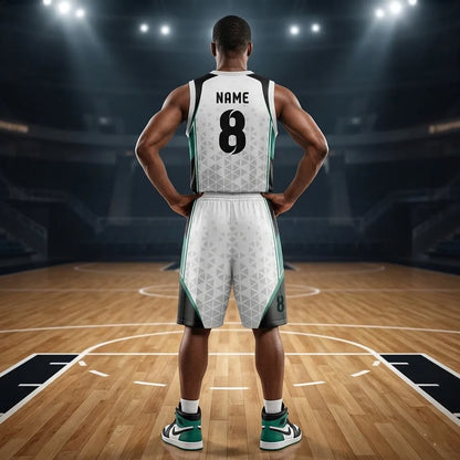 Custom white, black and teal basketball uniform, back view