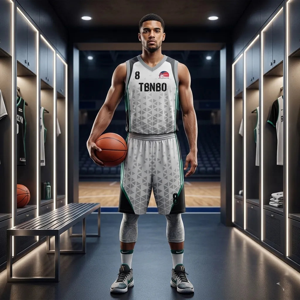 Custom white, black and teal basketball uniform, front view