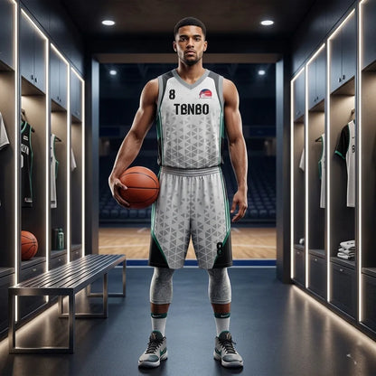 Custom white, black and teal basketball uniform, front view