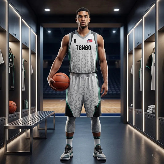 Custom white, black and teal basketball uniform, front view