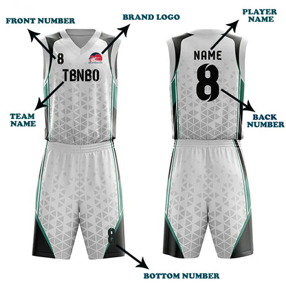 Custom white, black and teal basketball uniform set
