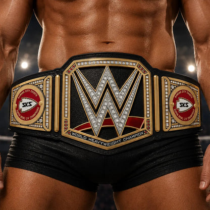 Person wearing a WWE championship belt in a wrestling ring
