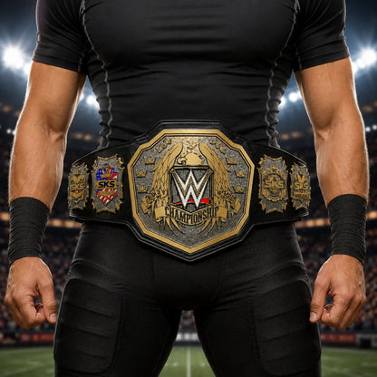 Person wearing a WWE championship belt on a sports arena background