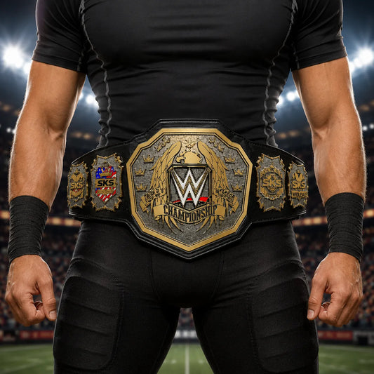 Person wearing a WWE championship belt on a sports arena background