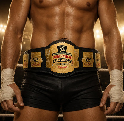 Wrestler wearing a WWE Cruiserweight Championship belt in a ring setting